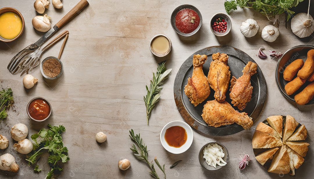 Tiras de coxinha de frango à milanesa, perna, asa e peito.