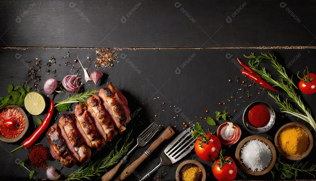 Bife de  Nova York de Angus preto com ervas, alho e manteiga em uma madeira.