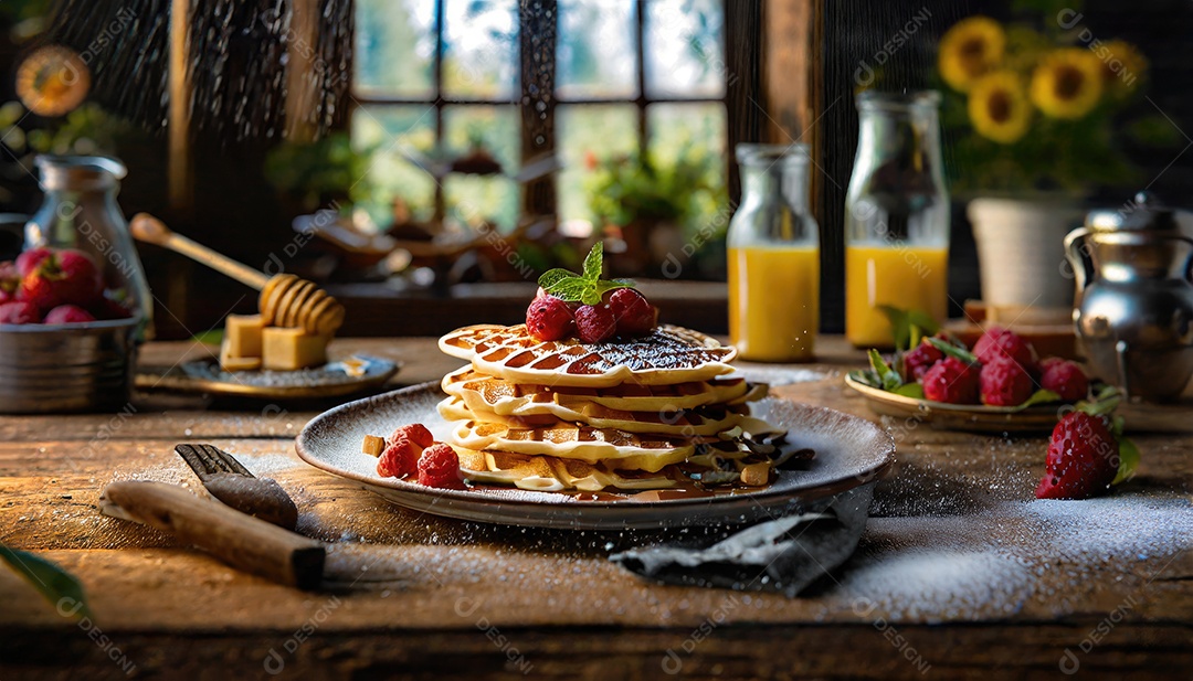 Waffles belgas com morangos, mirtilos e calda na mesa de madeira.