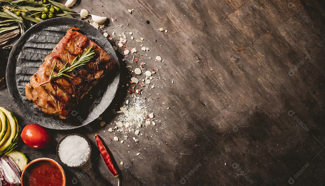 Churrasco Bife de lombo grelhado, carne de lombo frita em um prato com salada verde.