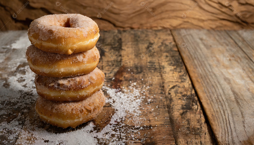 Donuts com açúcar de confeiteiro na mesa de madeira.