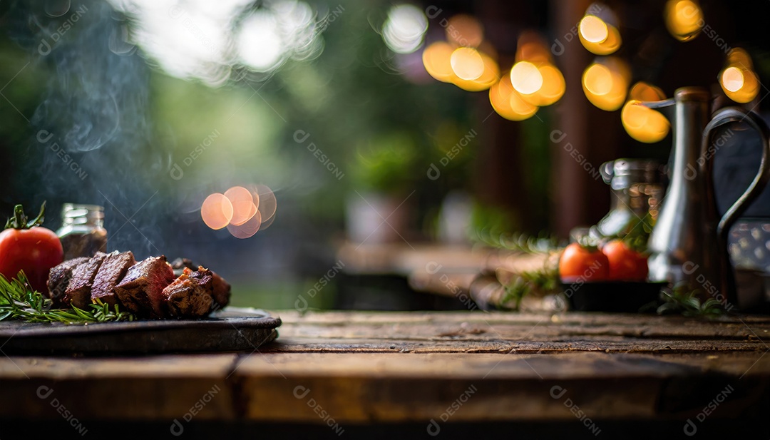 Churrasco grelhado e fatiado carne em um prato com fumaça no fundo.