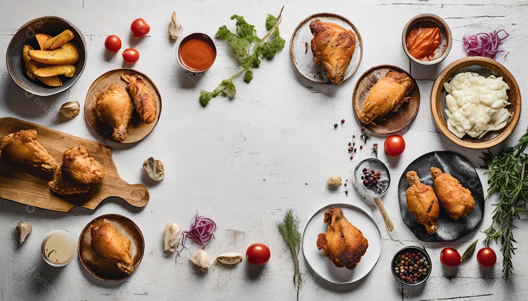 Tiras de coxinha de frango à milanesa, perna, asa e peito.