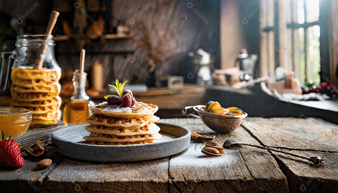 Waffles belgas com morangos, mirtilos e calda na mesa de madeira.