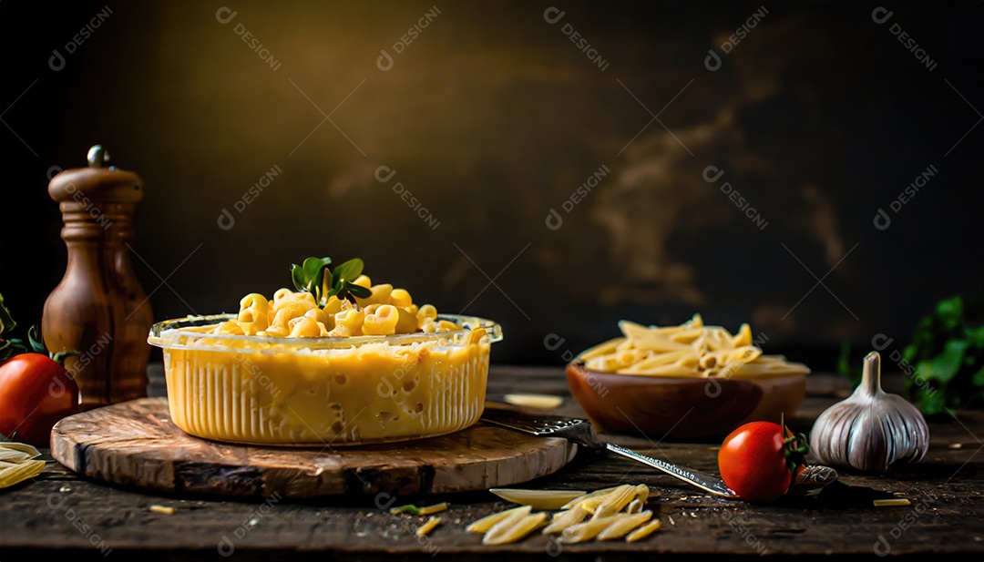 Macarrão americano e queijo com molho de queijo Cheddar.