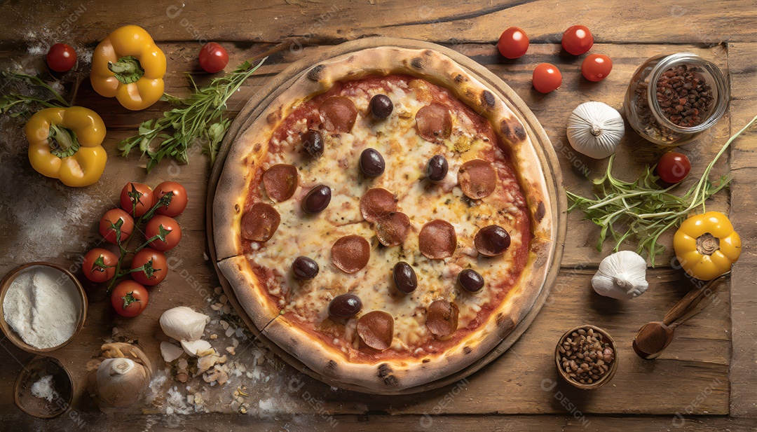 Pizza margarita com mussarela na mesa de madeira