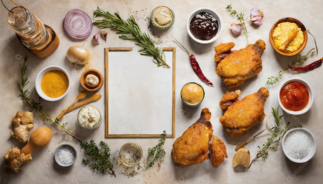 Tiras de coxinha de frango à milanesa, perna, asa e peito.