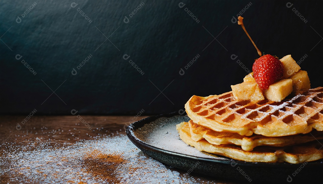 Waffles belgas com morangos, mirtilos e calda na mesa de madeira.