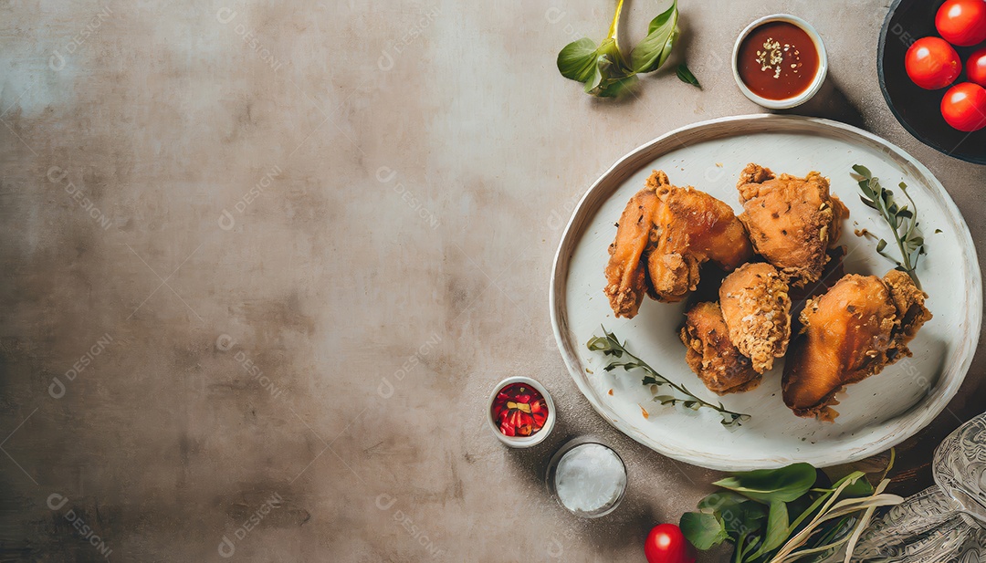 Frango assado crocante em um prato com molho de tomate.