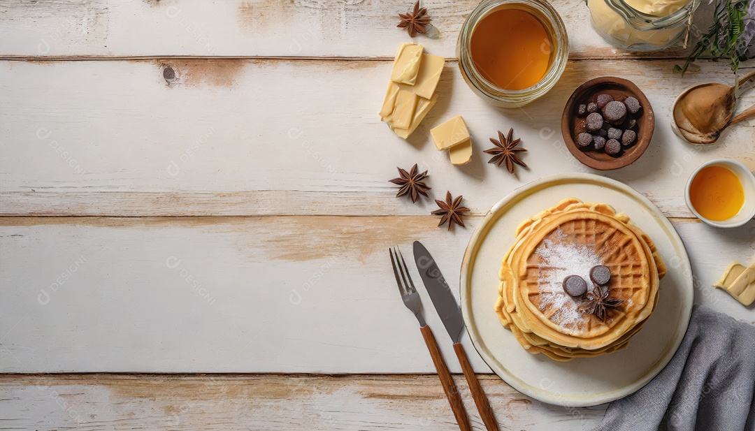 Waffles feitos com purê de abóbora, ovos e farinha, com adição de canela, cravo.