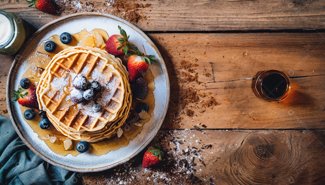 Waffles belgas feitos na hora com mel e açúcar de confeiteiro,