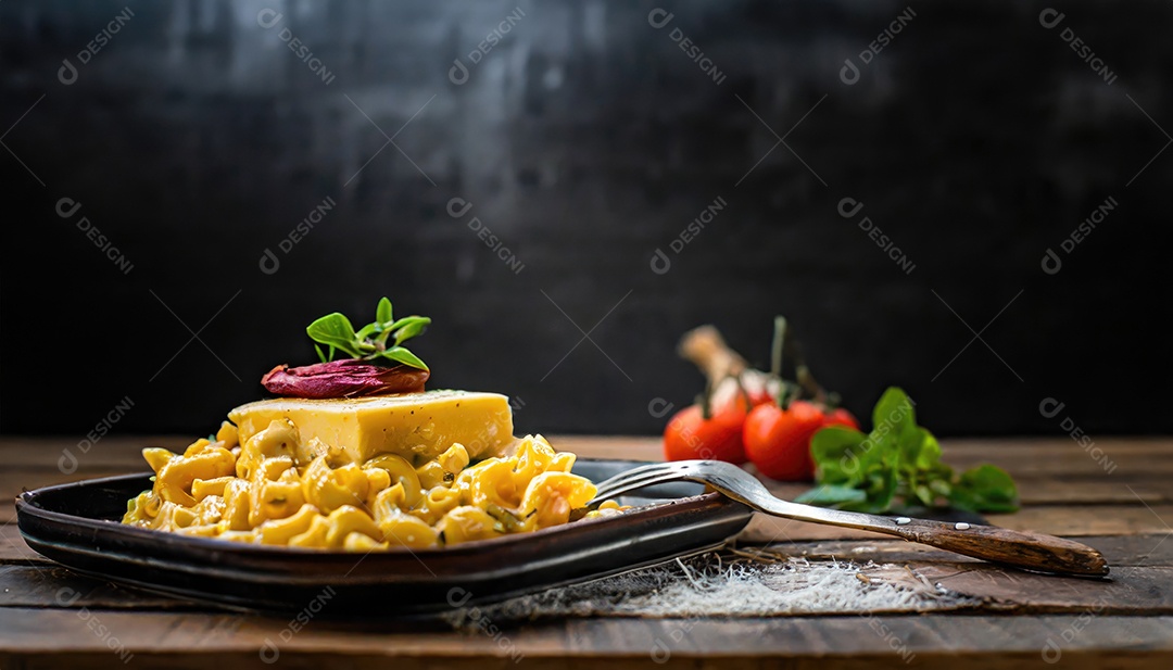 Macarrão americano e queijo com molho de queijo Cheddar.