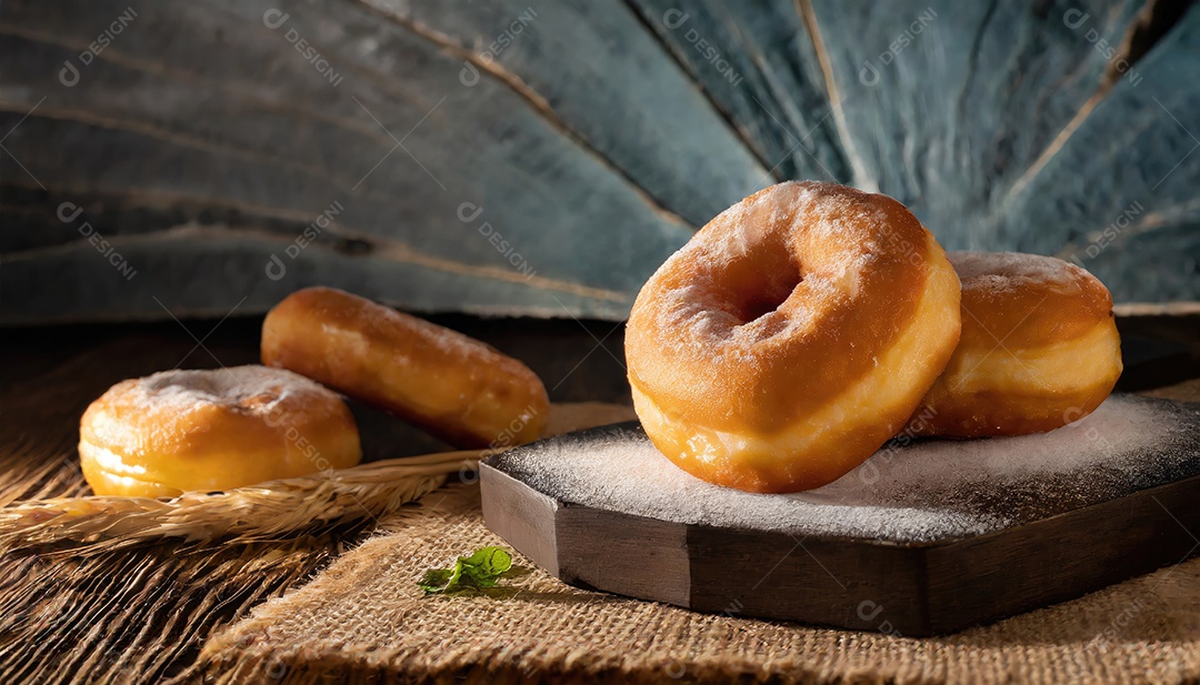 Donuts com açúcar de confeiteiro na mesa de madeira