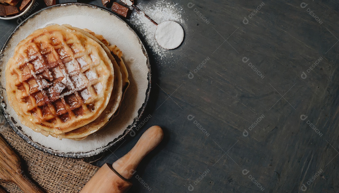 Waffles belgas com morangos, mirtilos e calda na mesa de madeira.