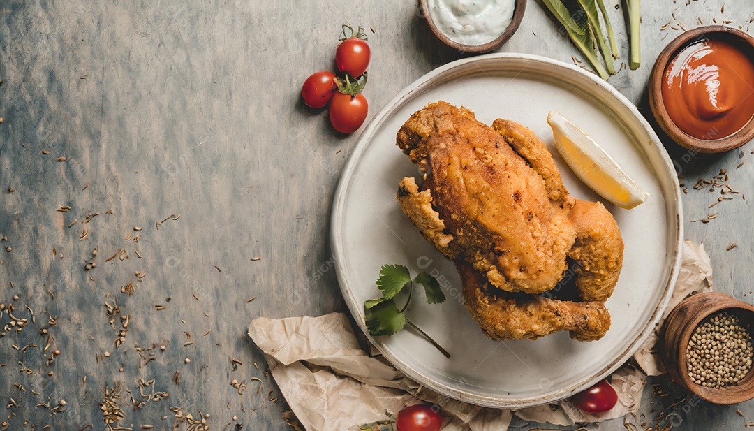 Frango assado crocante em um prato com molho de tomate