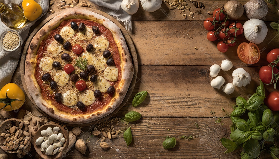 Deliciosa pizza margarita com mussarela na mesa de madeira