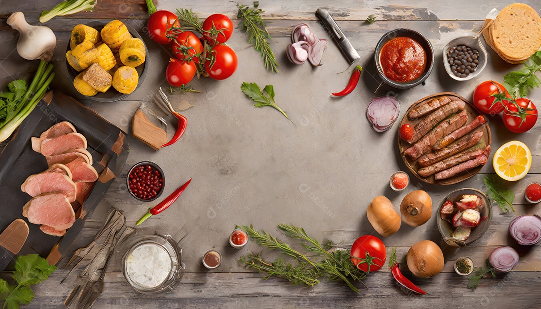 Carne grelhada e legumes em madeira rústica