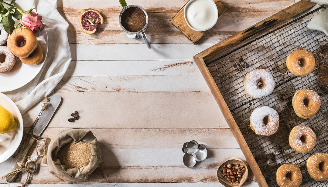 Variedade de donuts sobre um fundo rústico