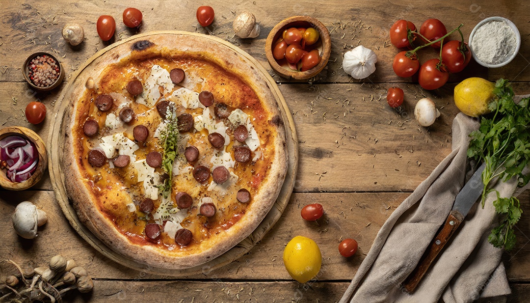 Deliciosa pizza margarita com mussarela na mesa de madeira