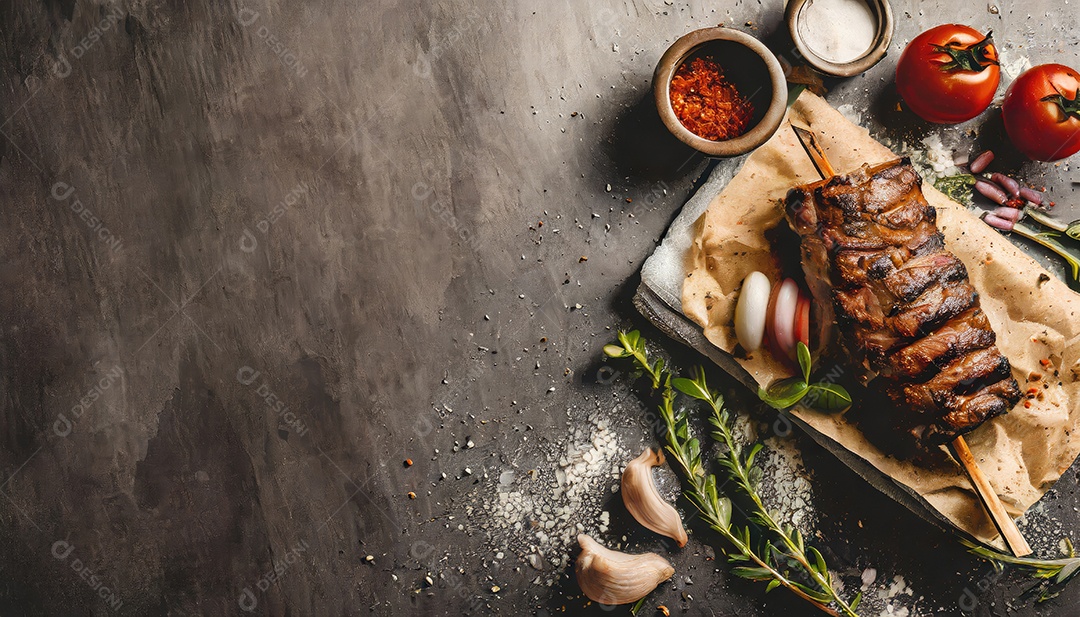 Bife de lombo grelhado para churrasco, carne de lombo frita em um prato com salada verde