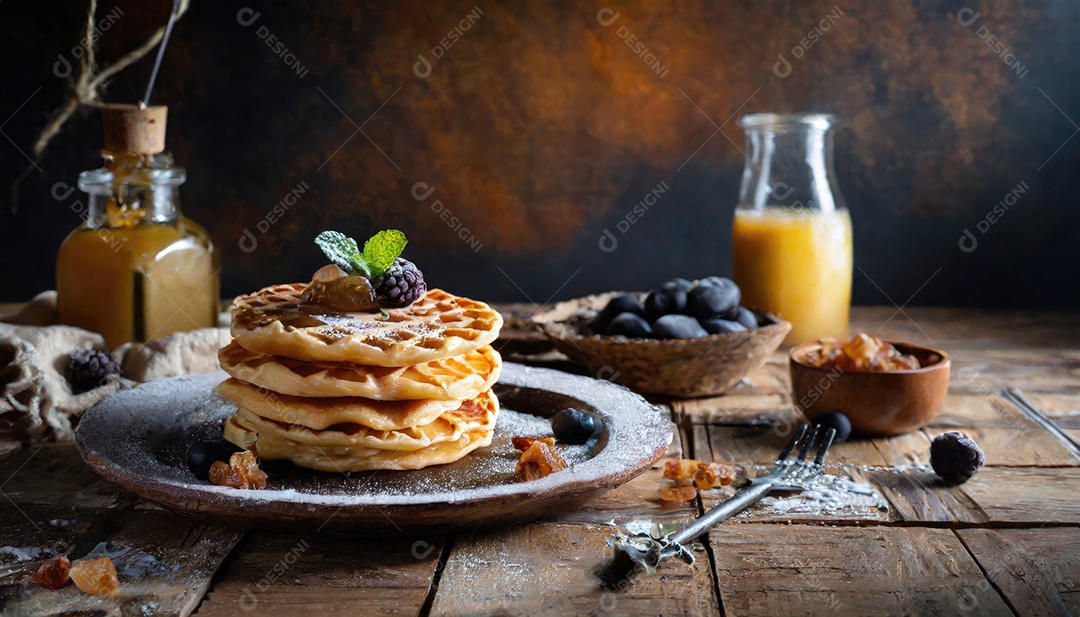 Waffles belgas com morangos, mirtilos e calda na mesa de madeira.