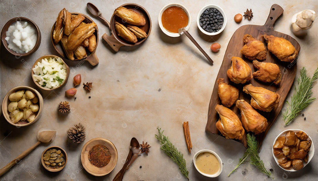 Tiras de coxinha, perna, asa e peito de frango.