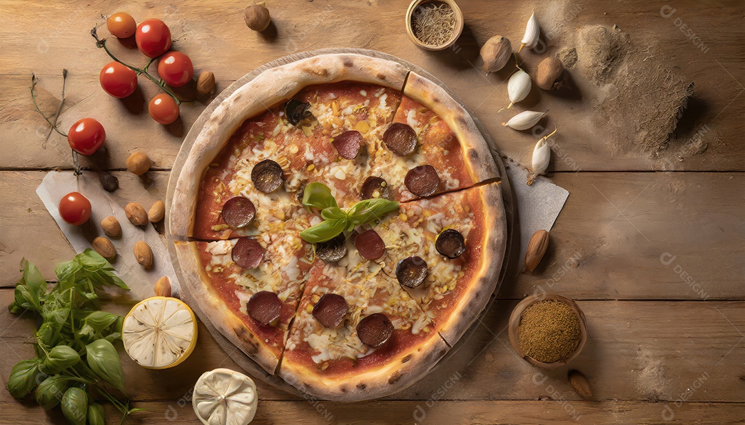 Pizza assada sobre mesa de madeira