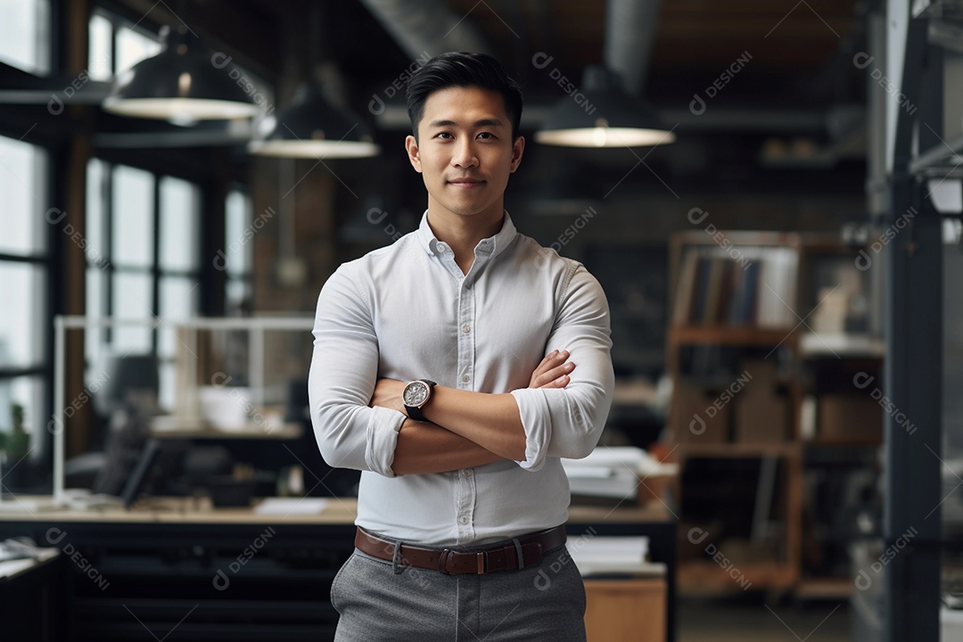 Gerente asiático confiante em pé em frente ao escritório moderno