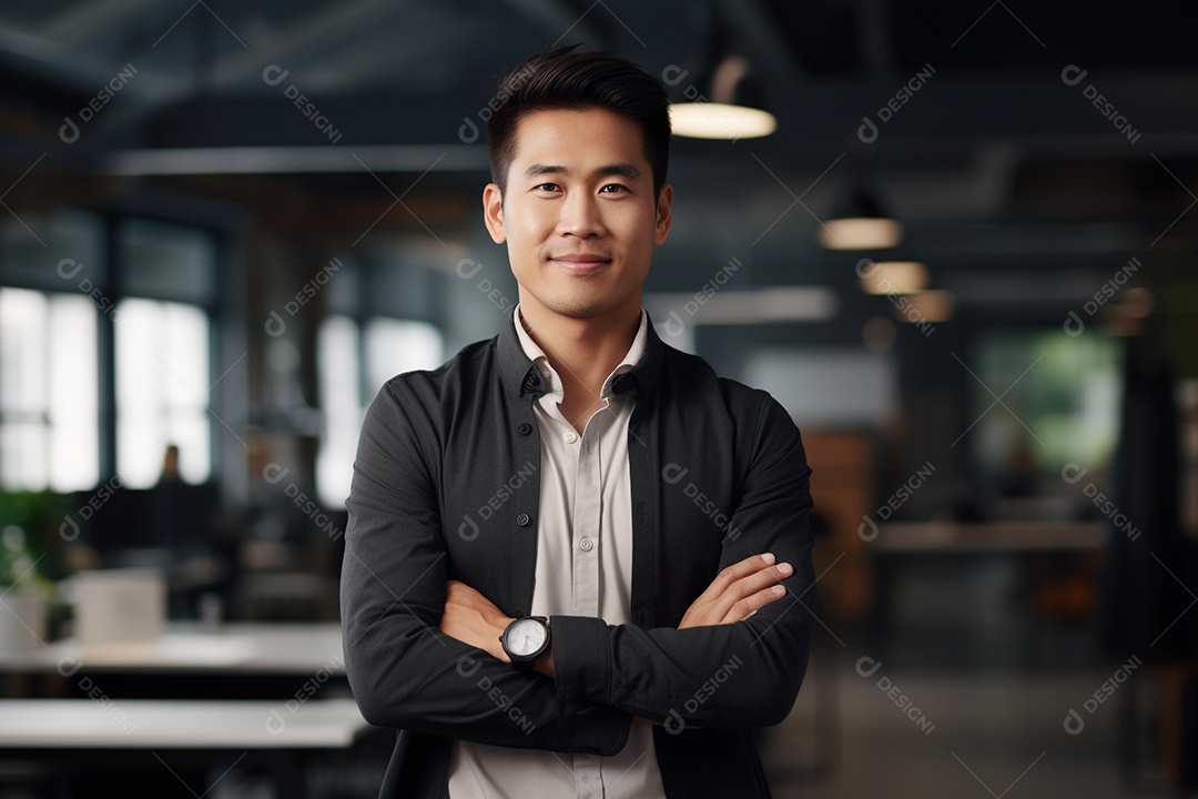Gerente asiático confiante em pé em frente ao escritório moderno
