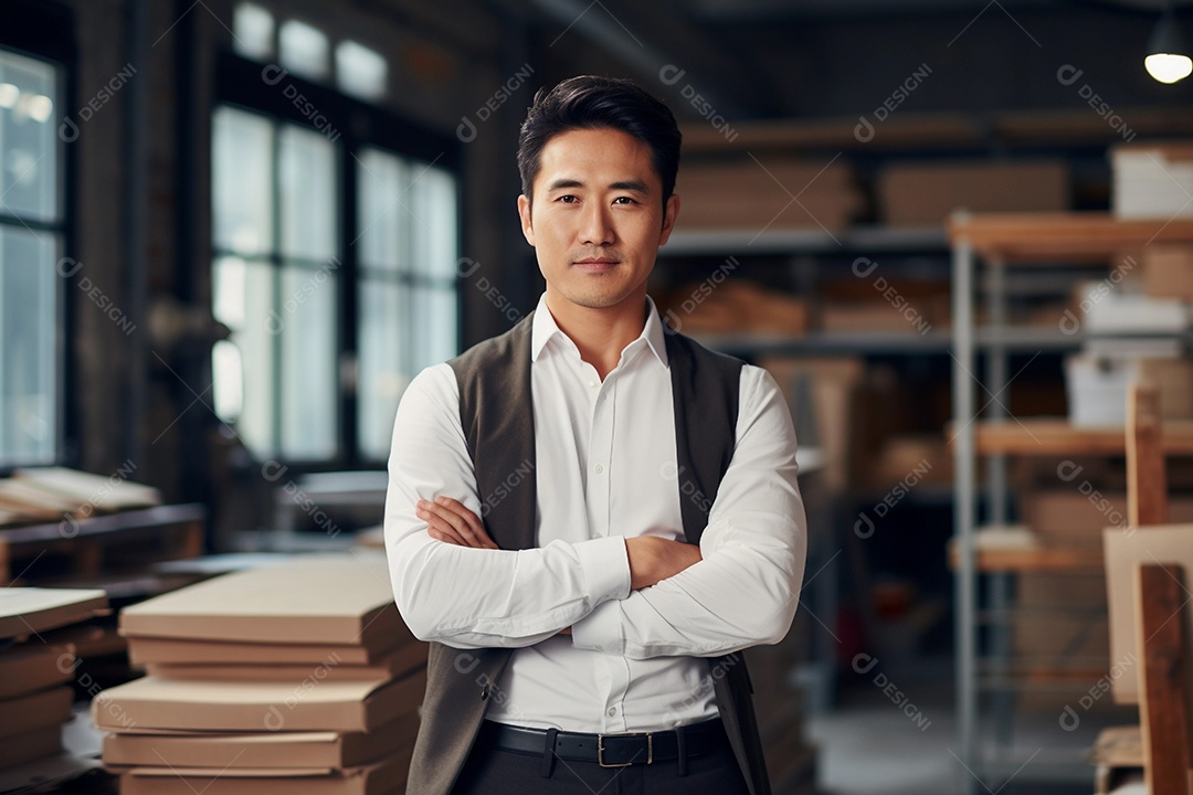 Gerente asiático confiante em pé em frente ao escritório moderno