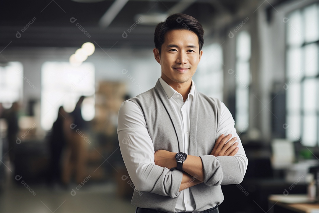 Gerente asiático confiante em pé em frente ao escritório moderno