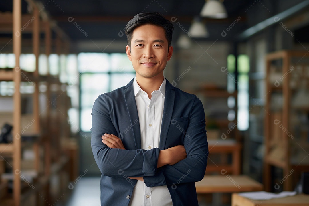 Gerente asiático confiante em pé em frente ao escritório moderno
