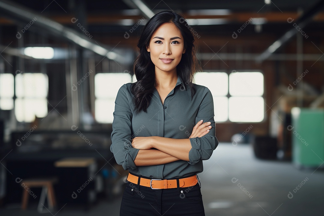 Gerente asiática confiante em pé em frente ao escritório moderno