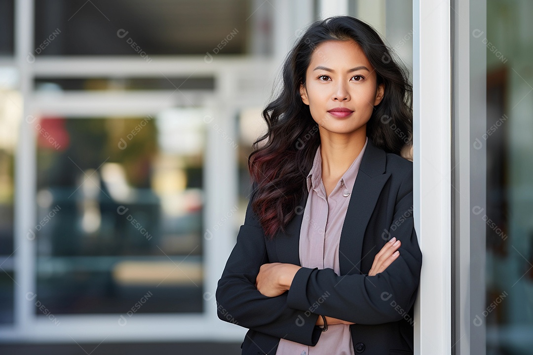 Gerente asiática confiante em pé em frente ao escritório moderno