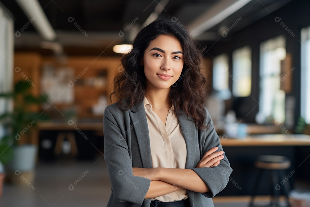 Gerente asiática confiante em pé em frente ao escritório moderno