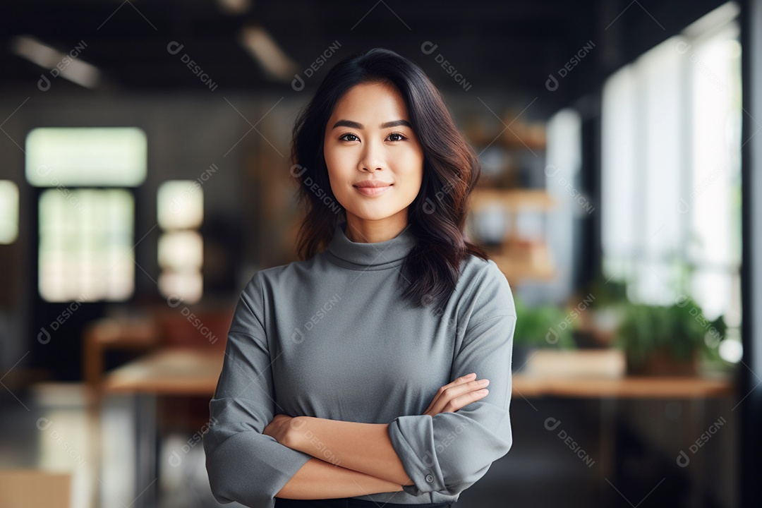 Gerente asiática confiante em pé em frente ao escritório moderno