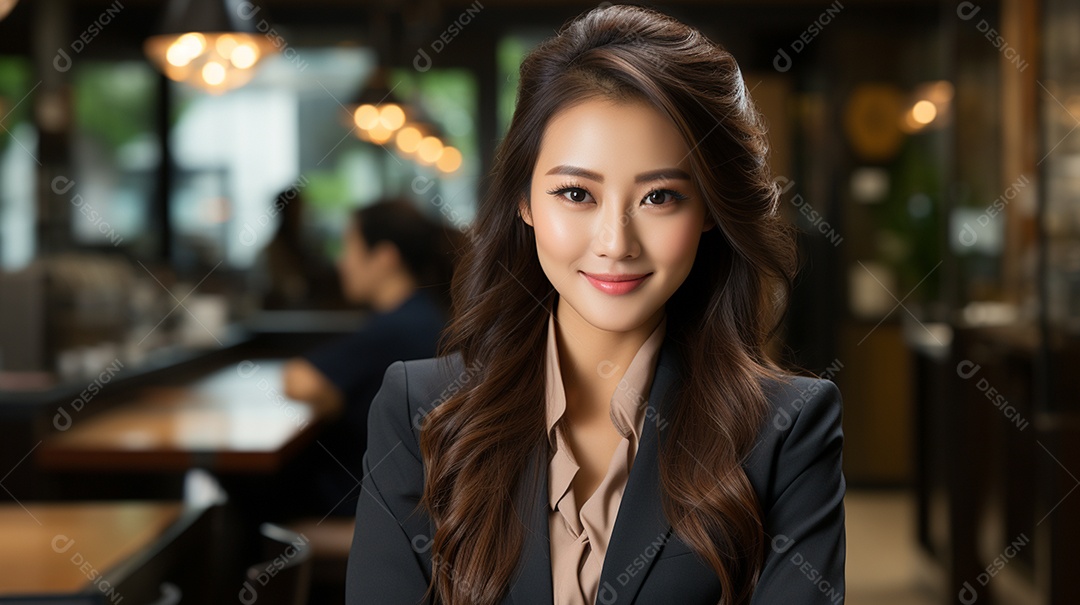 Uma linda empresária asiática de sucesso sob um escritório