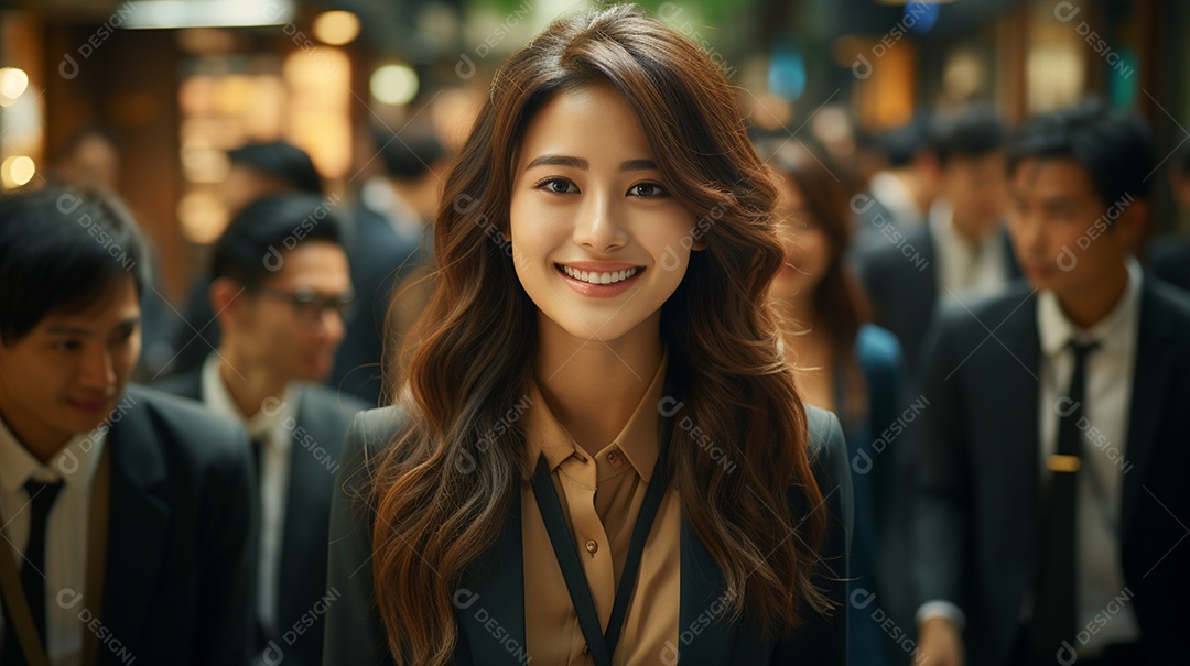 Uma linda empresária asiática de sucesso sob um escritório