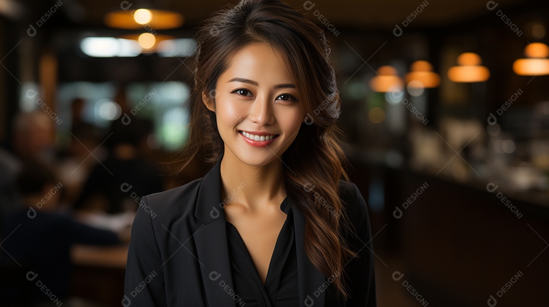 Uma linda empresária asiática de sucesso sob um escritório