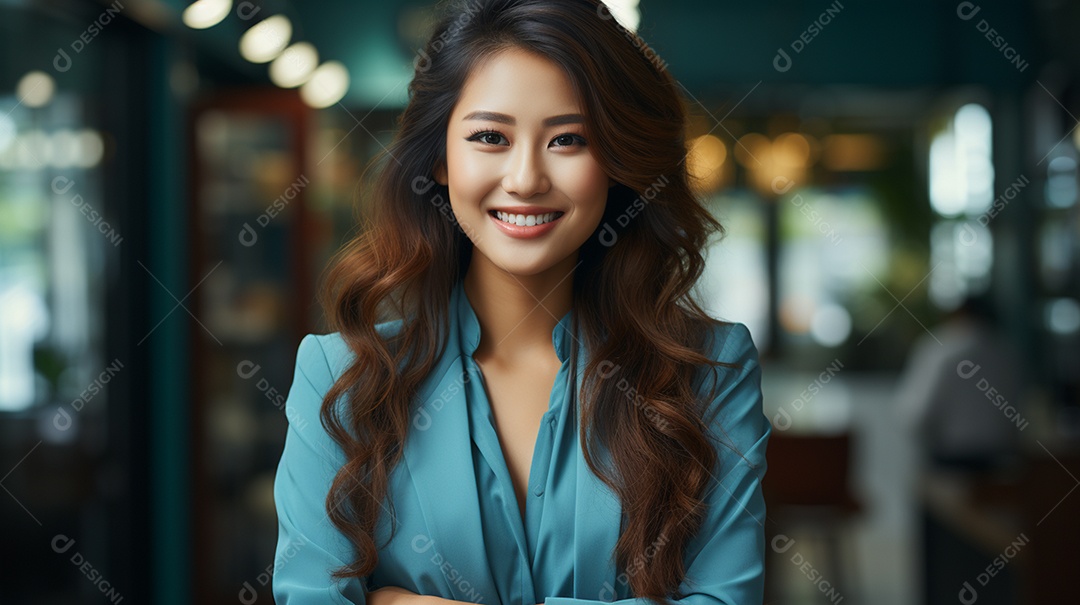 Uma linda empresária asiática de sucesso sob um escritório