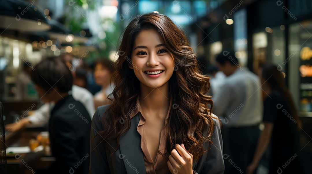 Uma linda empresária asiática de sucesso sob um escritório