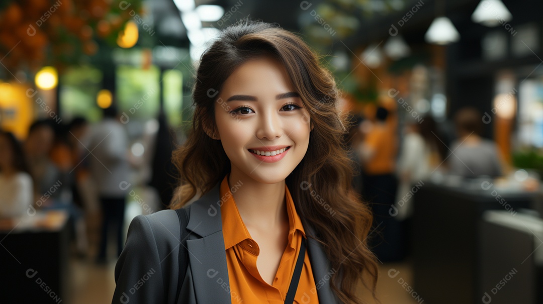 Uma linda empresária asiática de sucesso sob um escritório