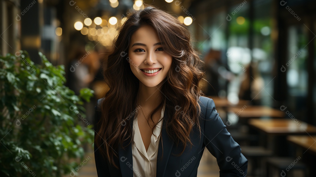 Uma linda empresária asiática de sucesso sob um escritório