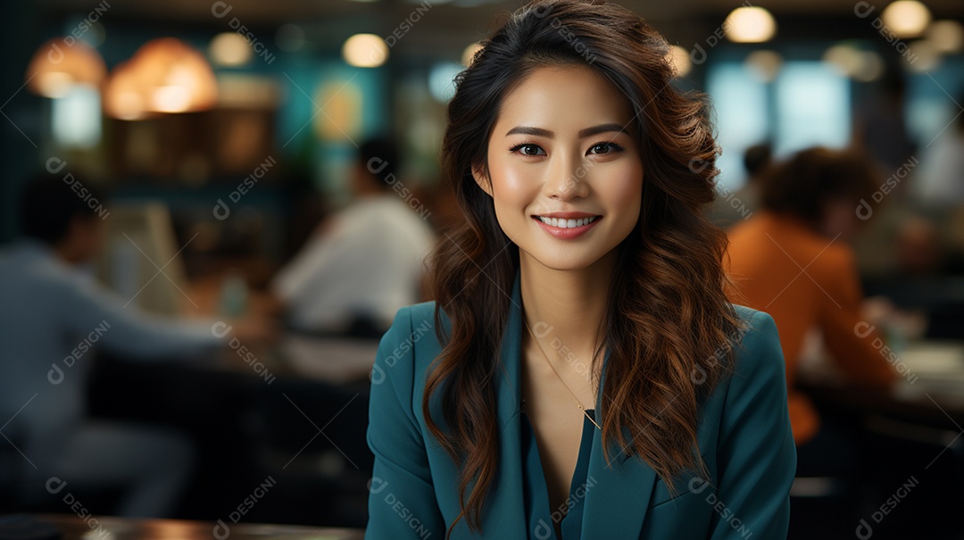 Uma linda empresária asiática de sucesso sob um escritório