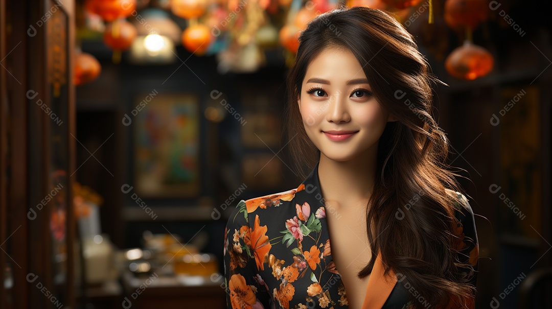 Uma linda empresária asiática de sucesso sob um escritório