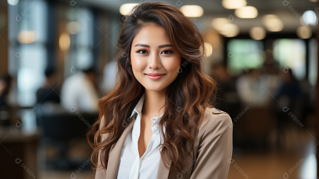 Uma linda empresária asiática de sucesso sob um escritório