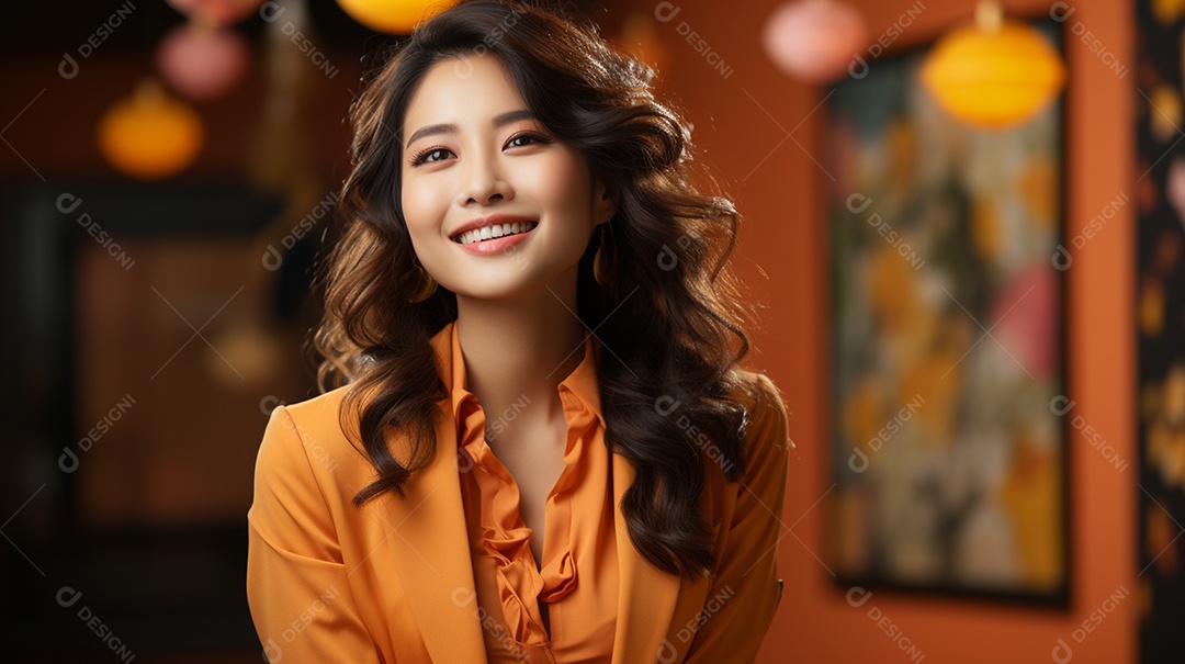 Uma linda empresária asiática de sucesso sob um escritório