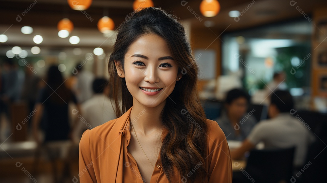 Uma linda empresária asiática de sucesso sob um escritório