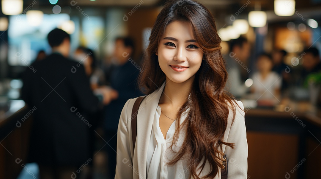 Uma linda empresária asiática de sucesso sob um escritório