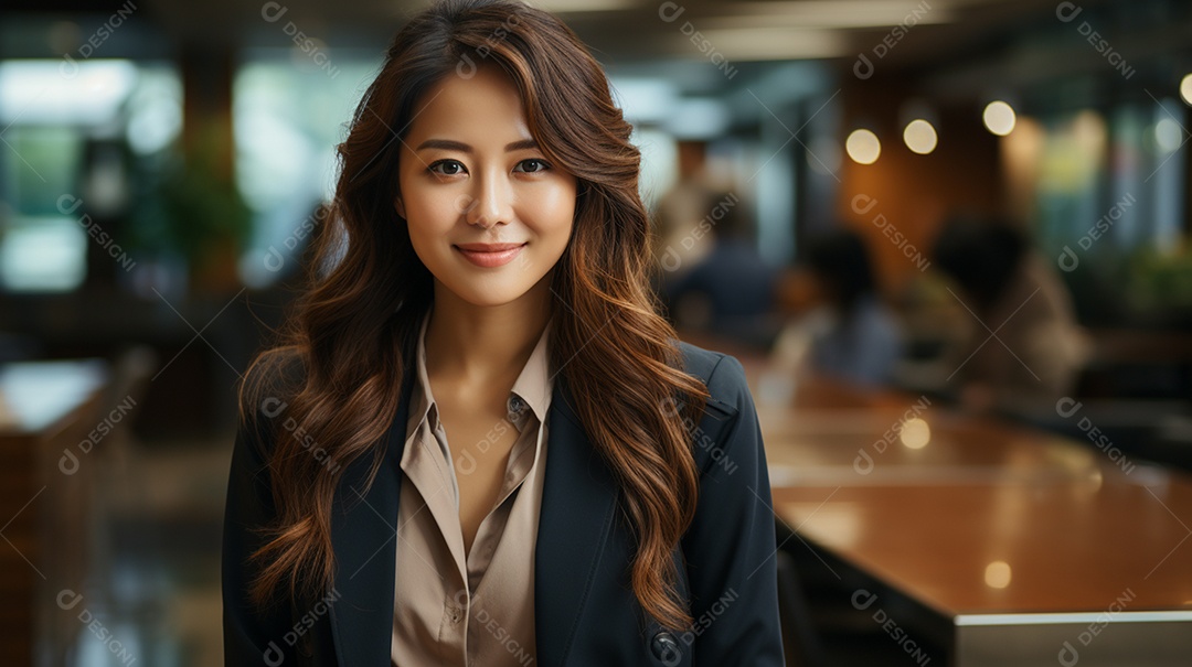 Uma linda empresária asiática de sucesso sob um escritório